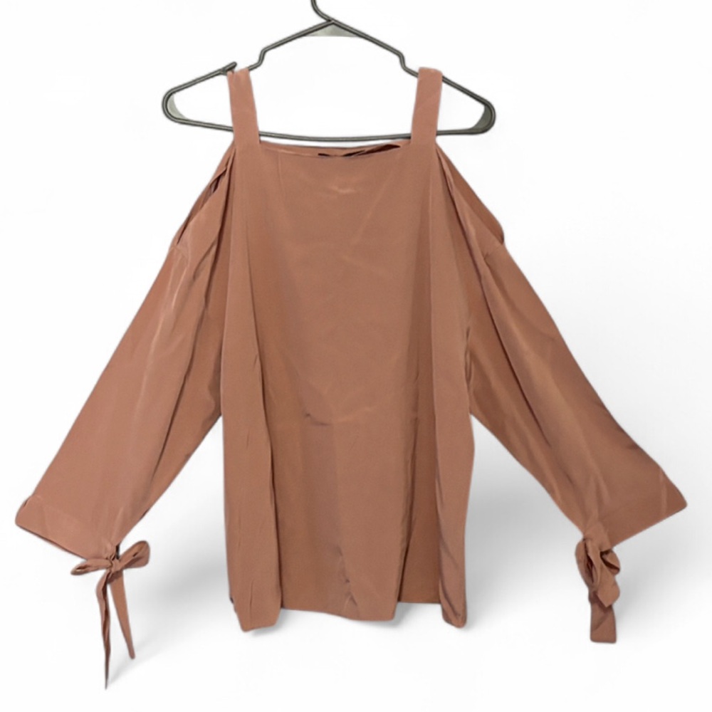 Tibi 100% Silk Cold-Shoulder Tie Strap Blouse in Dusty Rose